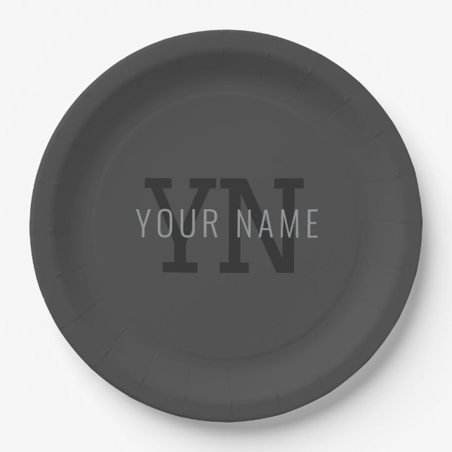Plato De Papel Modern Dark Gray Monogrammed Name (u otro texto) (Anverso)