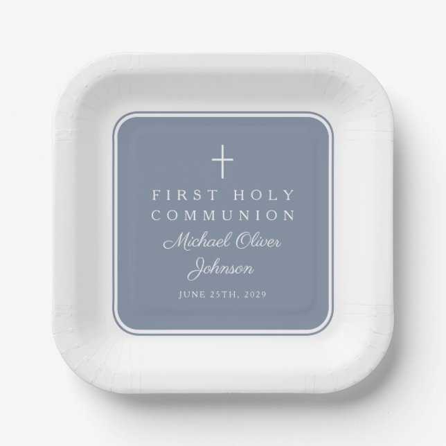 Plato De Papel Modern Dusty Blue Cross Boy First Communion (Anverso)