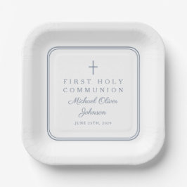 Plato De Papel Modern Dusty Blue Cross Boy First Holy Communion