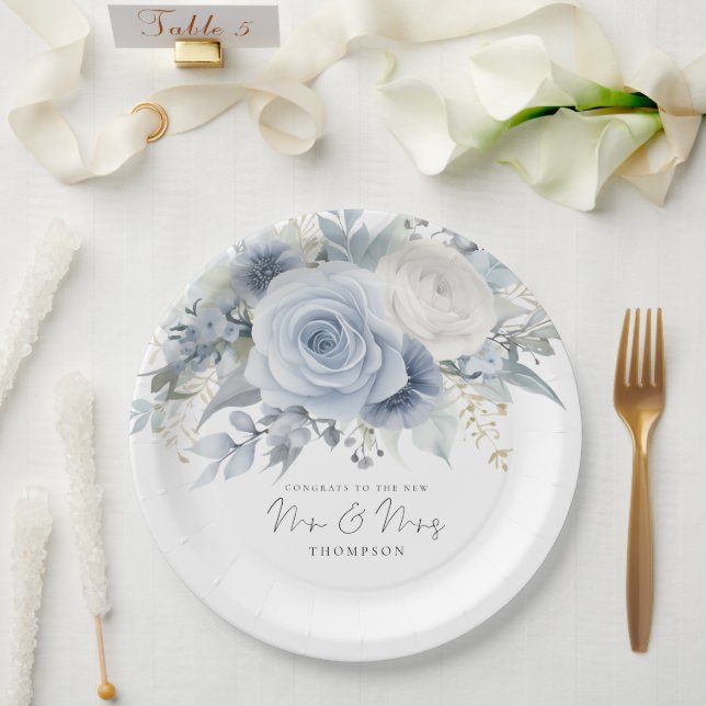 Plato De Papel Modern Dusty Blue Florals Felicitaciones Sr. Sra.  (Boda)
