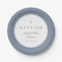 Plato De Papel Modern Dusty Blue Religious Cross Baptism