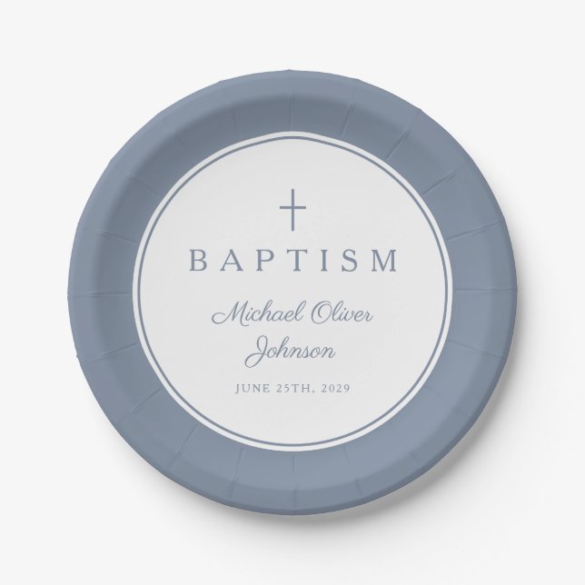 Plato De Papel Modern Dusty Blue Religious Cross Baptism (Anverso)
