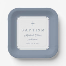 Plato De Papel Modern Dusty Blue Religius Cross Boy Baptism