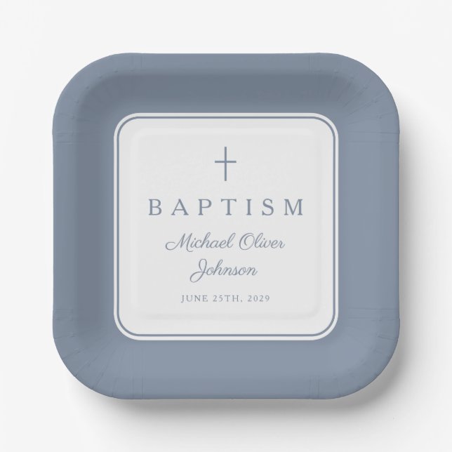 Plato De Papel Modern Dusty Blue Religius Cross Boy Baptism (Anverso)