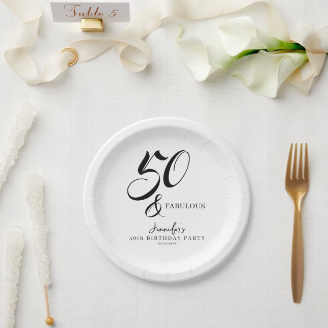 Plato De Papel Modern Elegant Black White Fifty Fabulous Birthday (Boda)