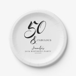 Plato De Papel Modern Elegant Black White Fifty Fabulous Birthday