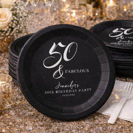 Plato De Papel Modern Elegant Black White Fifty Fabulous Birthday