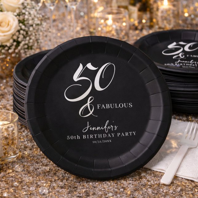 Plato De Papel Modern Elegant Black White Fifty Fabulous Birthday (Subido por el creador)