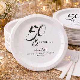 Plato De Papel Modern Elegant Black White Fifty Fabulous Birthday