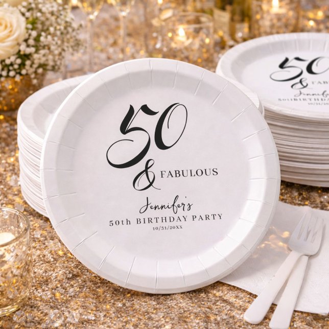 Plato De Papel Modern Elegant Black White Fifty Fabulous Birthday (Subido por el creador)