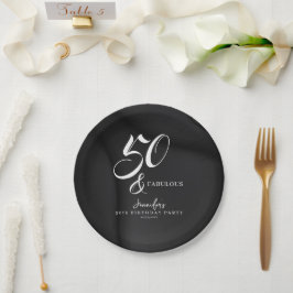 Plato De Papel Modern Elegant Black White Fifty Fabulous Birthday
