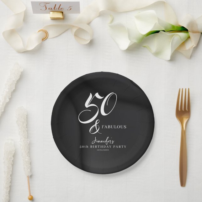 Plato De Papel Modern Elegant Black White Fifty Fabulous Birthday (Boda)