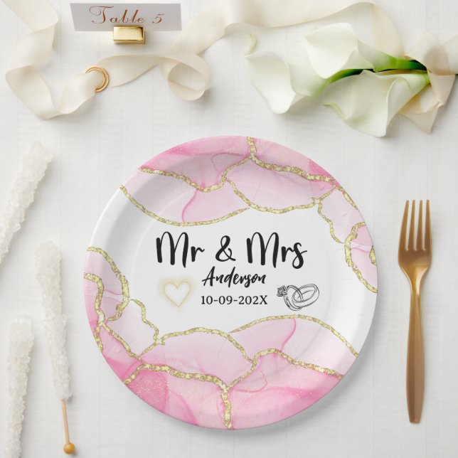 Plato De Papel Modern Elegant Pink and Gold Mr and Mrs Boda (Boda)