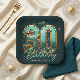 Plato De Papel Modern Emerald Green Gold Typography 30th Birthday