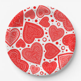 Plato De Papel Modern Fancy Red Graphic Hearts Pattern