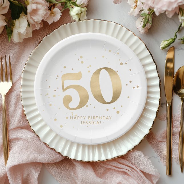 Plato De Papel Modern Gold Glitter 50th Fifty Birthday (Subido por el creador)