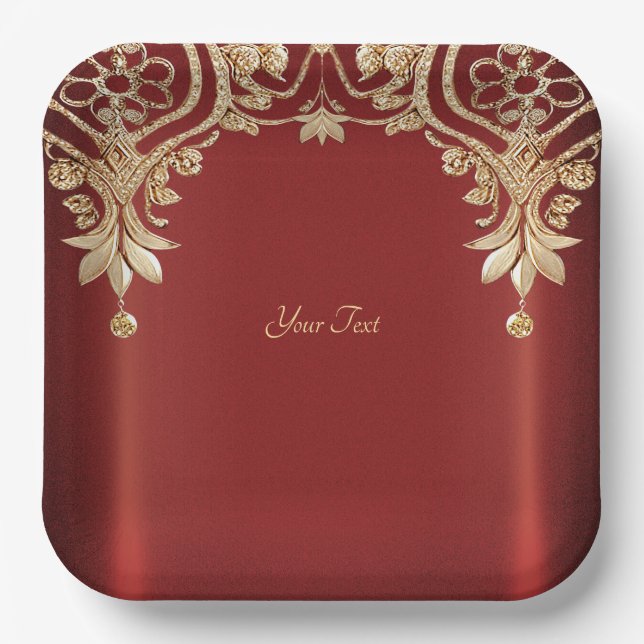 Plato De Papel Modern Gold Red Floral Paper Plate (Anverso)
