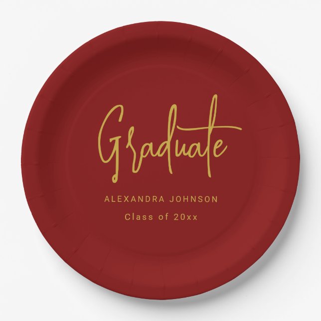 Plato De Papel Modern Gold Script Graduation Party Red Custom (Anverso)