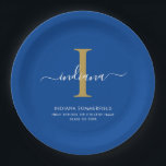 Plato De Papel Modern Graduation Party Monogram Blue Minimalist<br><div class="desc">Graduation 2026 Monogram Script Initial Name Grad Party Blue paper plates. Edit and customize with your own name,  initial,  school name and class by clicking the "Personalize" button.</div>