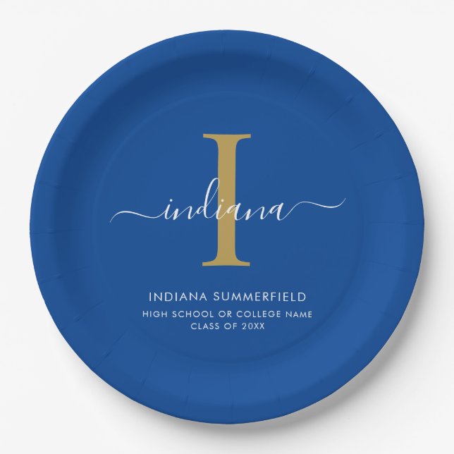 Plato De Papel Modern Graduation Party Monogram Blue Minimalist (Anverso)