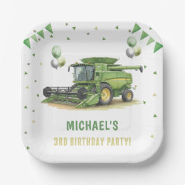 Plato De Papel Modern Green Farm Tractor 3rd Birthday