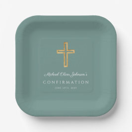 Plato De Papel Modern Green Religious Cross Boy Confirmation