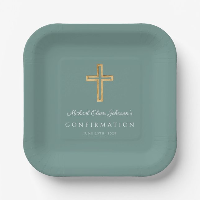 Plato De Papel Modern Green Religious Cross Boy Confirmation (Anverso)