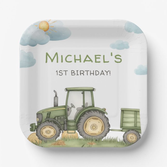 Plato De Papel Modern Green Tractor 1st Birthday Party (Anverso)