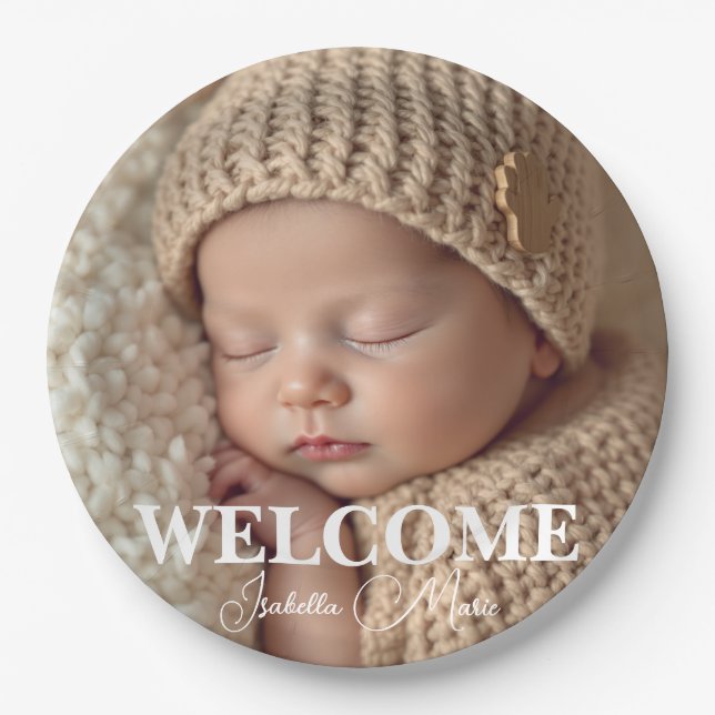 Plato De Papel  Modern Grey and White Photo Birth Announcement (Anverso)