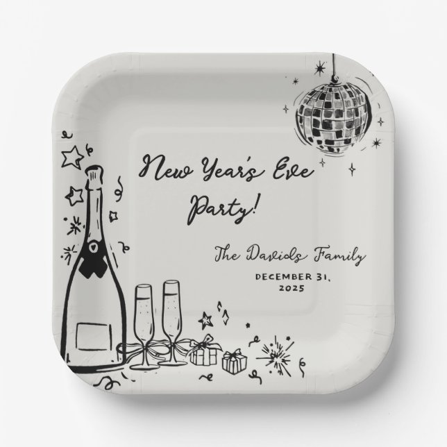 Plato De Papel Modern Hand Drawn New Year's Eve Party  (Anverso)