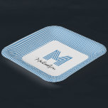 Plato De Papel Modern Minimal Coastal Blue Stripes Monogram<br><div class="desc">Modern Minimal Coastal Blue Stripes Monogram Paper Plates you can customize with your monogram and name.</div>