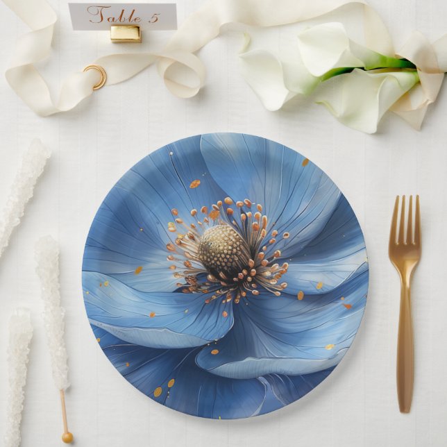 Plato De Papel Modern Minimalist Gold and Blue Poppy  (Boda)
