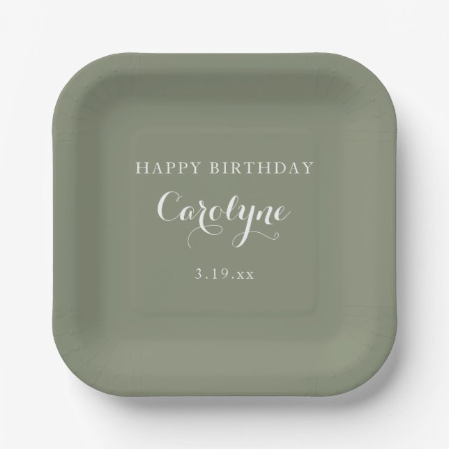 Plato De Papel Modern Minimalist Sage Green Birthday  (Anverso)