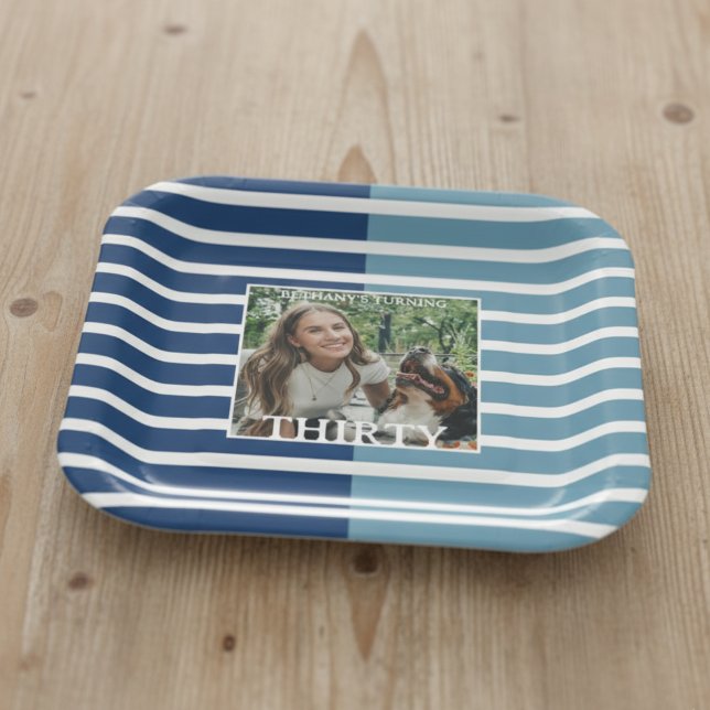 Plato De Papel Modern Minimalist Striped 30th Birthday Photo (Celebrate the beginning of a new decade with this Modern Minimalist Striped 30th Birthday Plate!)