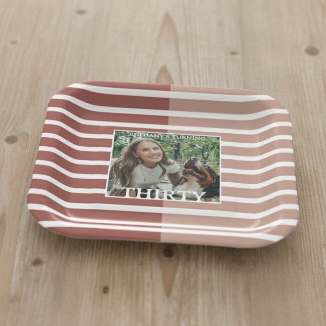 Plato De Papel Modern Minimalist Striped 30th Birthday Photo (Celebrate the beginning of a new decade with this Modern Minimalist Striped 30th Birthday Plate!)
