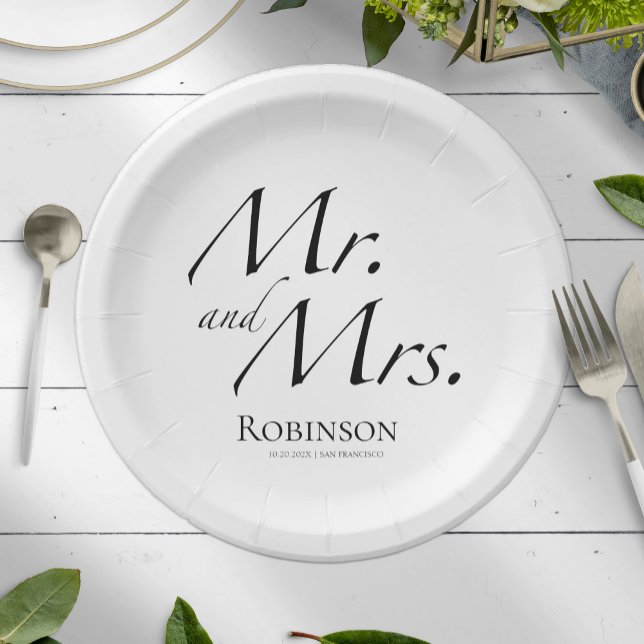 Plato De Papel Modern Mr. y Mrs. Script | Boda blanco y negro (Subido por el creador)