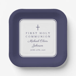 Plato De Papel Modern Navy Blue Cross Boy First Communion