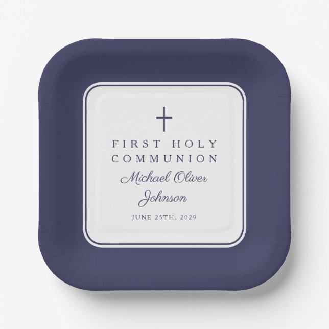 Plato De Papel Modern Navy Blue Cross Boy First Communion (Anverso)