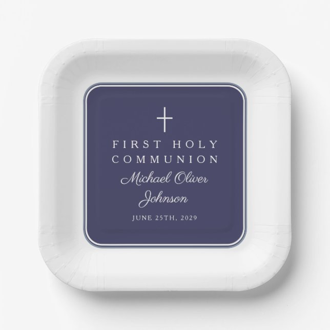 Plato De Papel Modern Navy Blue Cross Boy First Communion (Anverso)
