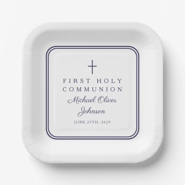 Plato De Papel Modern Navy Blue Religious Boy First Communion (Anverso)