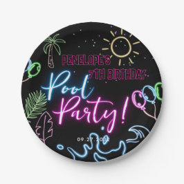 Plato De Papel Modern Neon Glow Black Pool Party Birthday