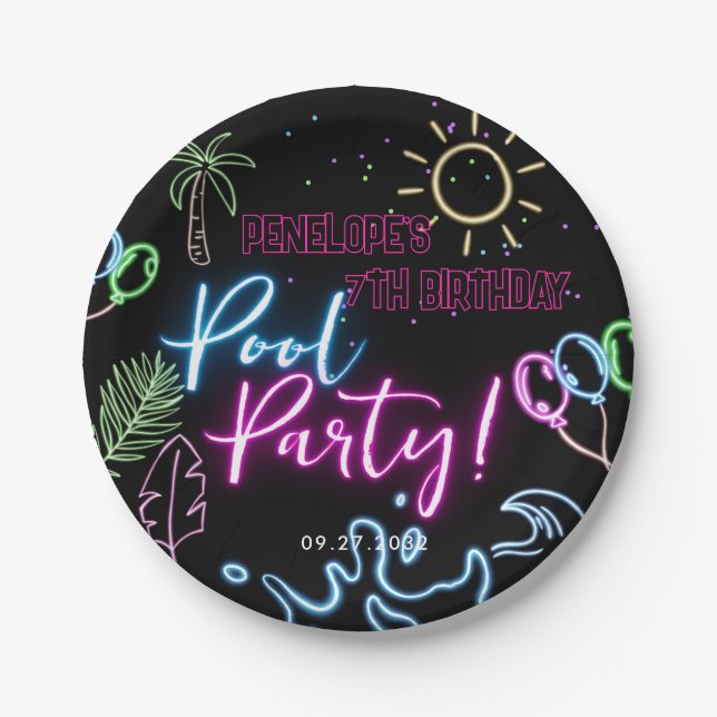 Plato De Papel Modern Neon Glow Black Pool Party Birthday (Anverso)