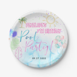 Plato De Papel Modern Neon Glow Watercolor Pool Party Birthday