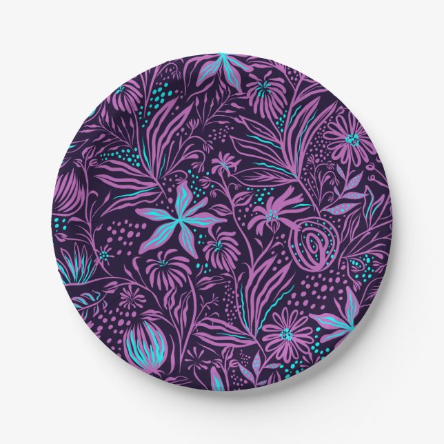 Plato De Papel Modern Neon Purple Floral Pattern (Anverso)