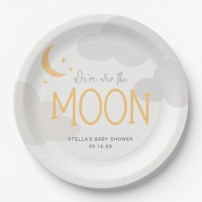 Plato De Papel Modern Over The Moon Baby Shower (Anverso)