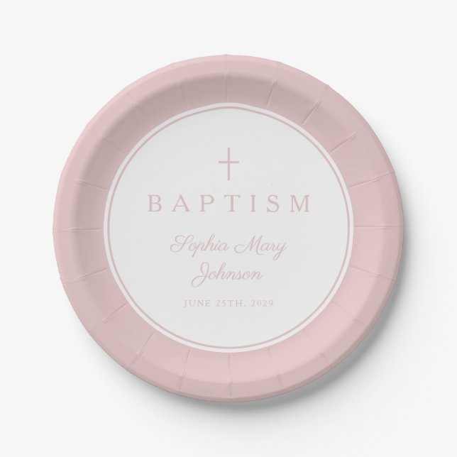 Plato De Papel Modern Pink Religious Cross Girl Baptism (Anverso)