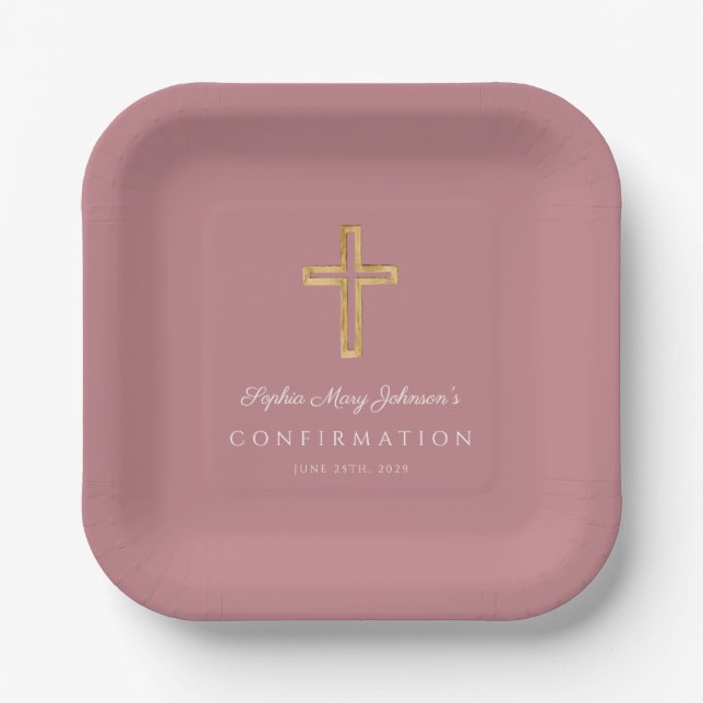 Plato De Papel Modern Pink Religious Cross Girl Confirmation (Anverso)