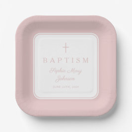 Plato De Papel Modern Pink Religius Cross Girl Baptism