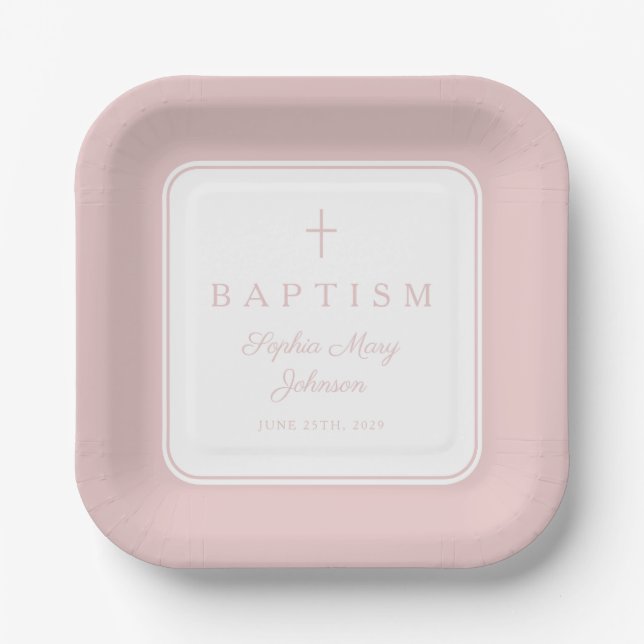 Plato De Papel Modern Pink Religius Cross Girl Baptism (Anverso)