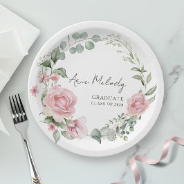 Plato De Papel Modern Pink Roses Script Class of Graduation